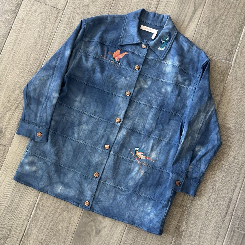 See By Chloe Denim Jacket Women’s 42 Floral Acid Wash Bird Embroided Snap Button